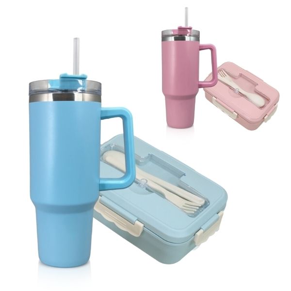 סט הכולל:  
קופסת אוכל רב פעמית עם סכום + 
כוס נירוסטה ענקית תרמית עם קשית ML1.2.